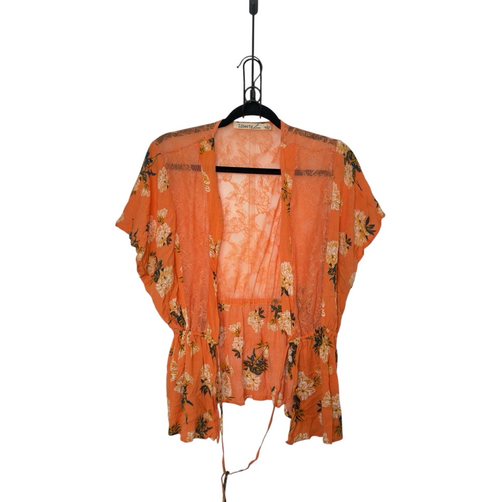 Liberty‎ Love Women Large Orange Floral Sheer Cover Up Cinched Waist Mesh Top
